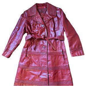 Vtg 80s TFC Brick Red Woven Leather Belted A-Line Trench Coat Mob Wife Sz12 Chic